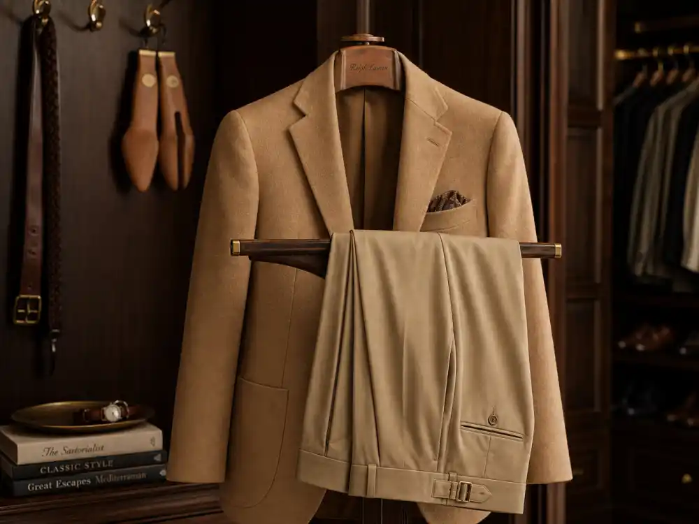 Camel hair blazer and pleated khaki trousers on valet stand defining old money aesthetic celebrity style preppy tailoring codes