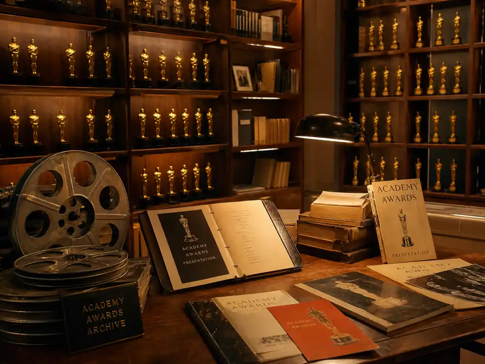 Academy records archive with golden trophies documenting the oldest Oscar winners in history across competitive categories