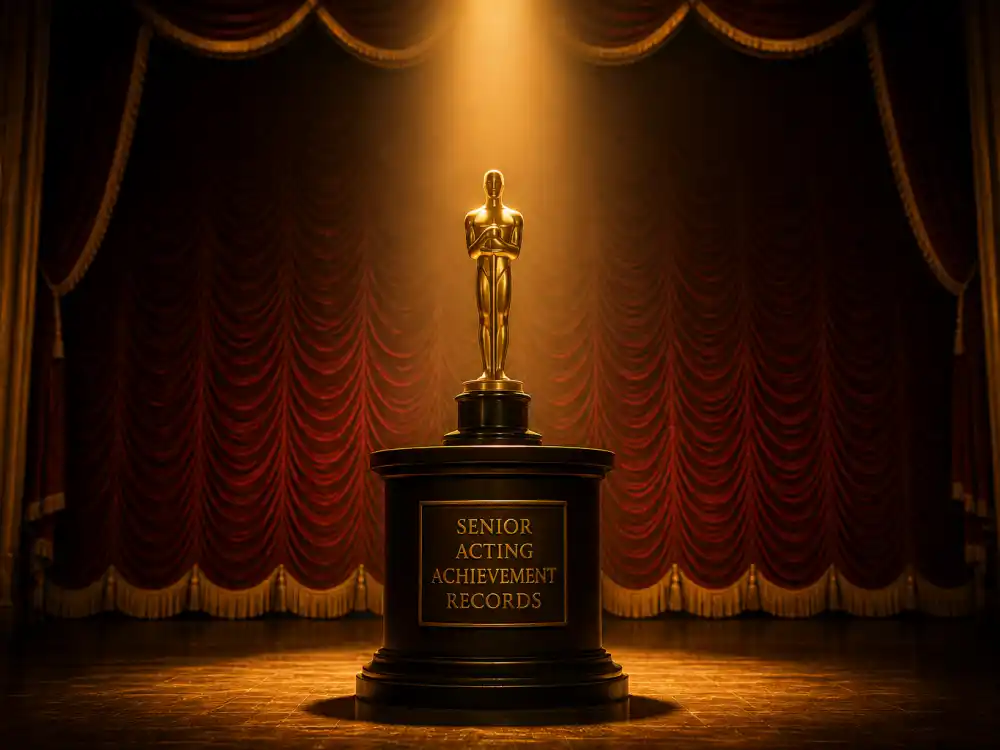 Classic theatre spotlight on a podium evoking acting legends who rank among the oldest Oscar winners in history