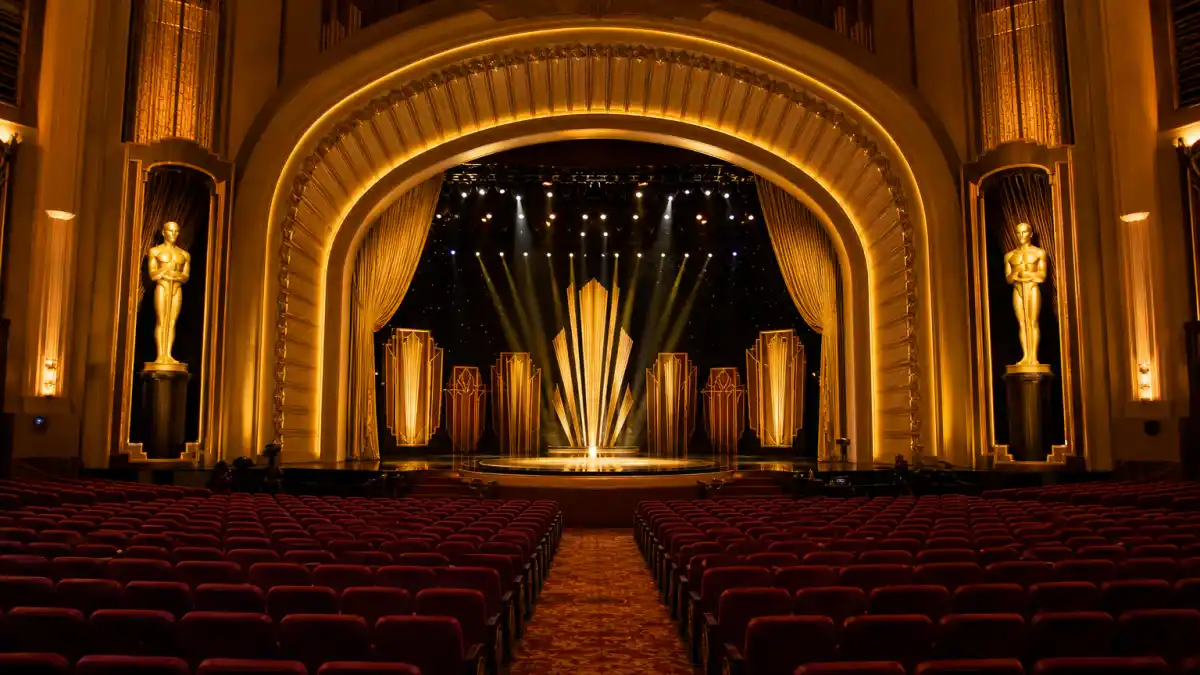 Oldest Oscar winners in history — Art Deco awards theatre interior with golden statuette silhouettes evoking Academy age records