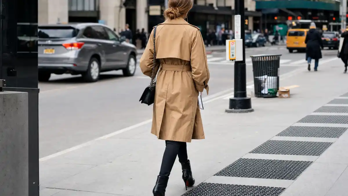 Olivia Palermo street style guide — camel tailored coat silk scarf pointed flats and structured tote on NYC cobblestone seen from behind