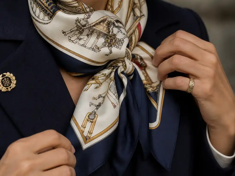 Silk neck scarf tied over navy blazer showing Olivia Palermo street style guide accessory finishing