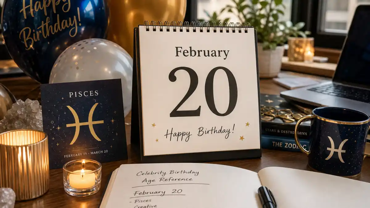 Olivia Rodrigo age and birthday 2026 — desk calendar open to February 20 with Pisces zodiac decorations marking her verified birth date