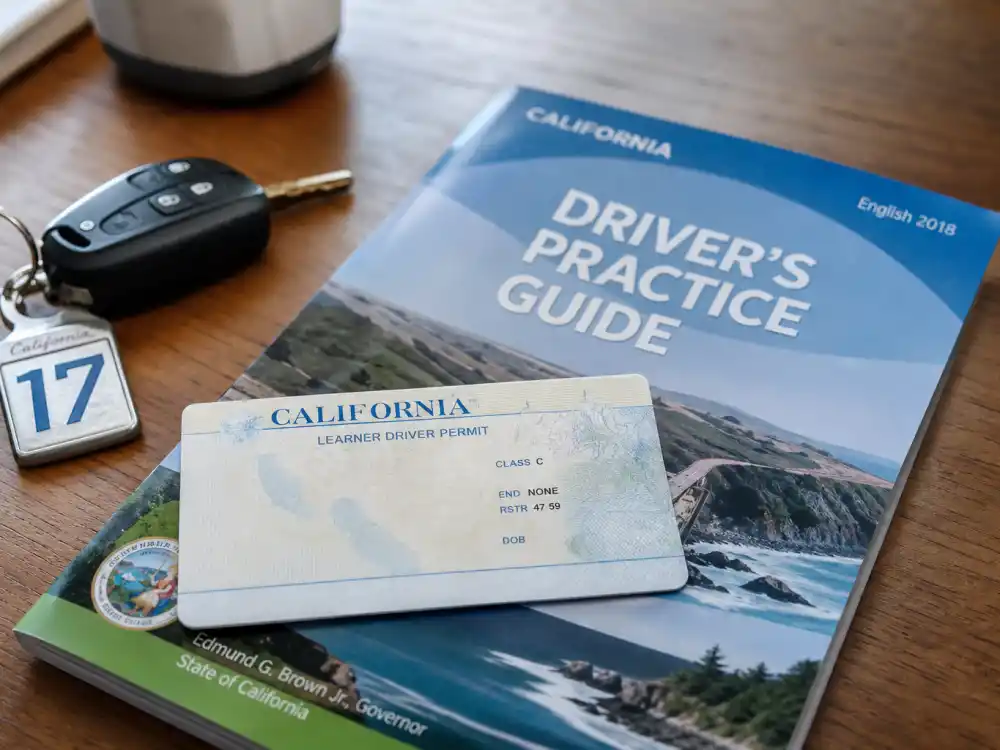 Learner permit and practice booklet on desk evoking Olivia Rodrigo age and birthday 2026 at age seventeen when drivers license became a global pop hit