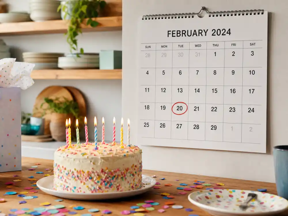 February 20 birthday cake and calendar marking Olivia Rodrigo age and birthday 2026 each year when fans celebrate her Pisces birth date