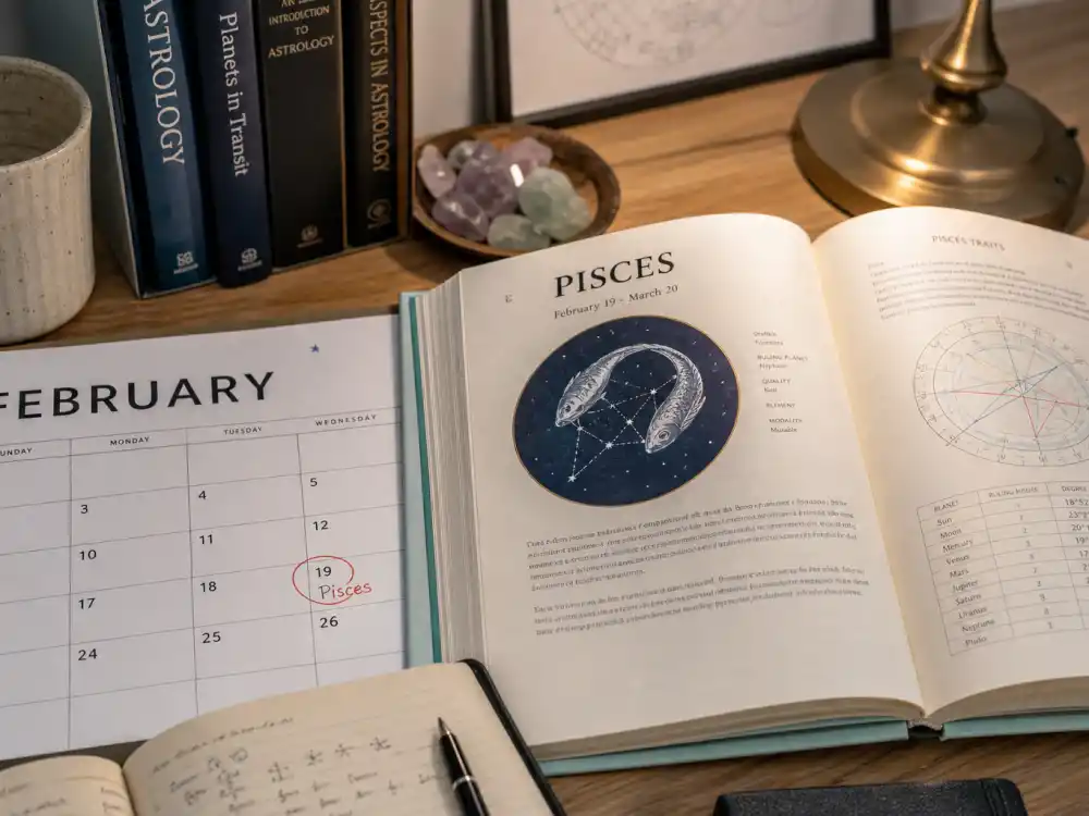Pisces zodiac chart beside February calendar for Olivia Rodrigo age and birthday 2026 — February 20 birth date places her under Pisces in Western astrology