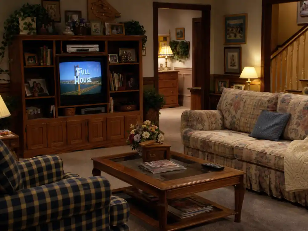 A 1990s suburban living room evoking the Olsen twins Full House era as Michelle Tanner