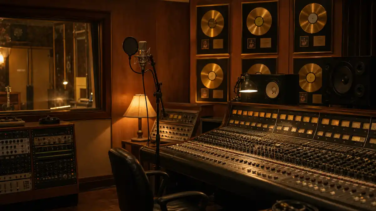 One hit wonders where are they now — vintage recording studio with gold records evoking chart-topping flash fame