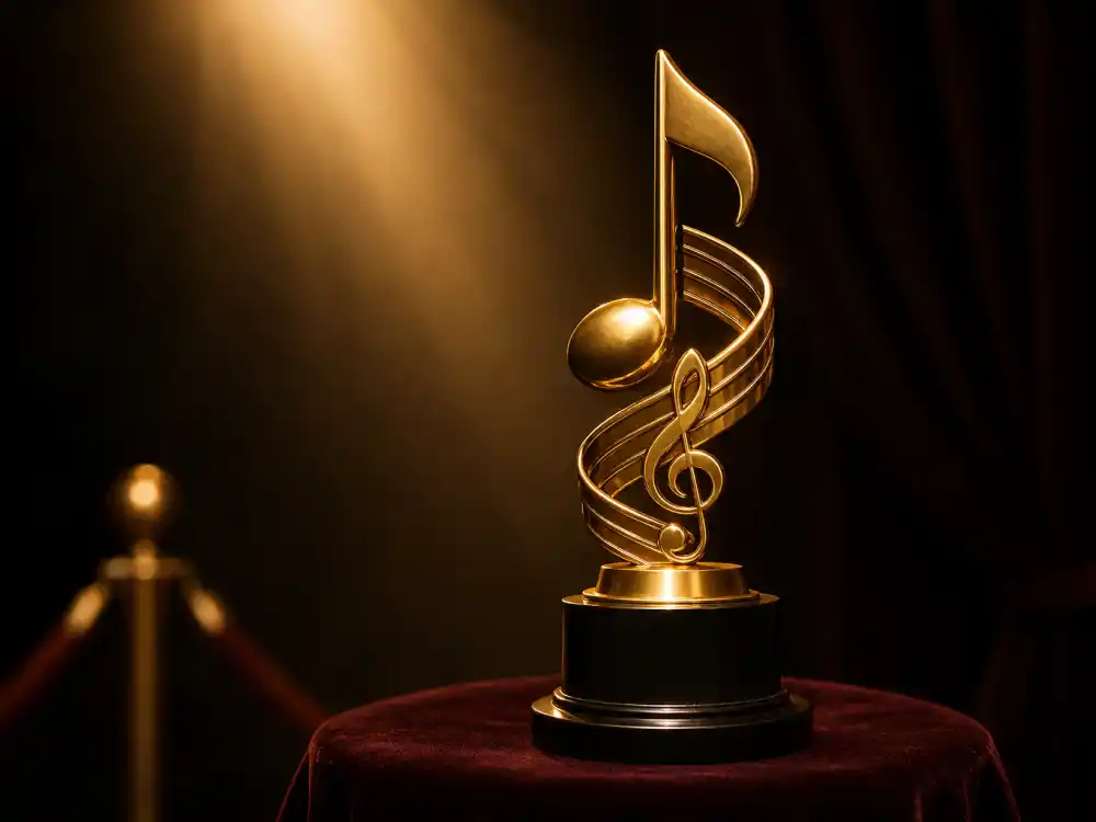 Generic golden music award on velvet podium symbolizes Recording Academy recognition for one hit wonders who won Grammys