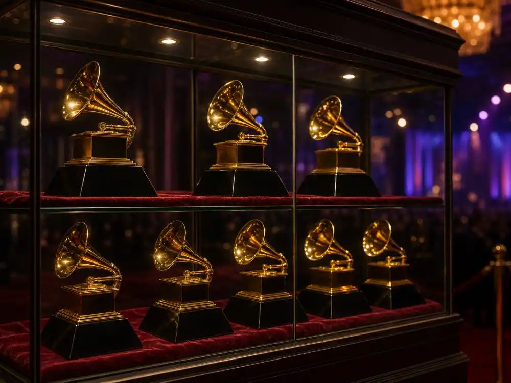 Glass trophy case of generic gramophone awards frames how one hit wonders who won Grammys collected Academy hardware on a single hook