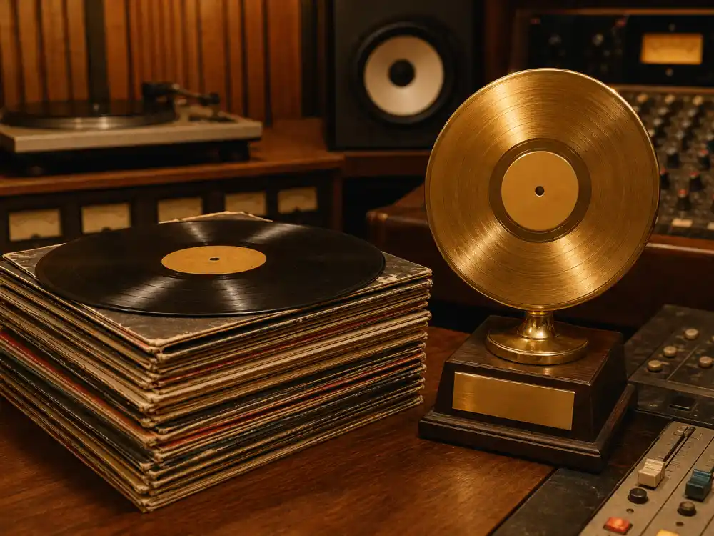 Vintage vinyl stack beside a golden trophy illustrates one hit wonders who won Grammys flash-fame before second albums stalled