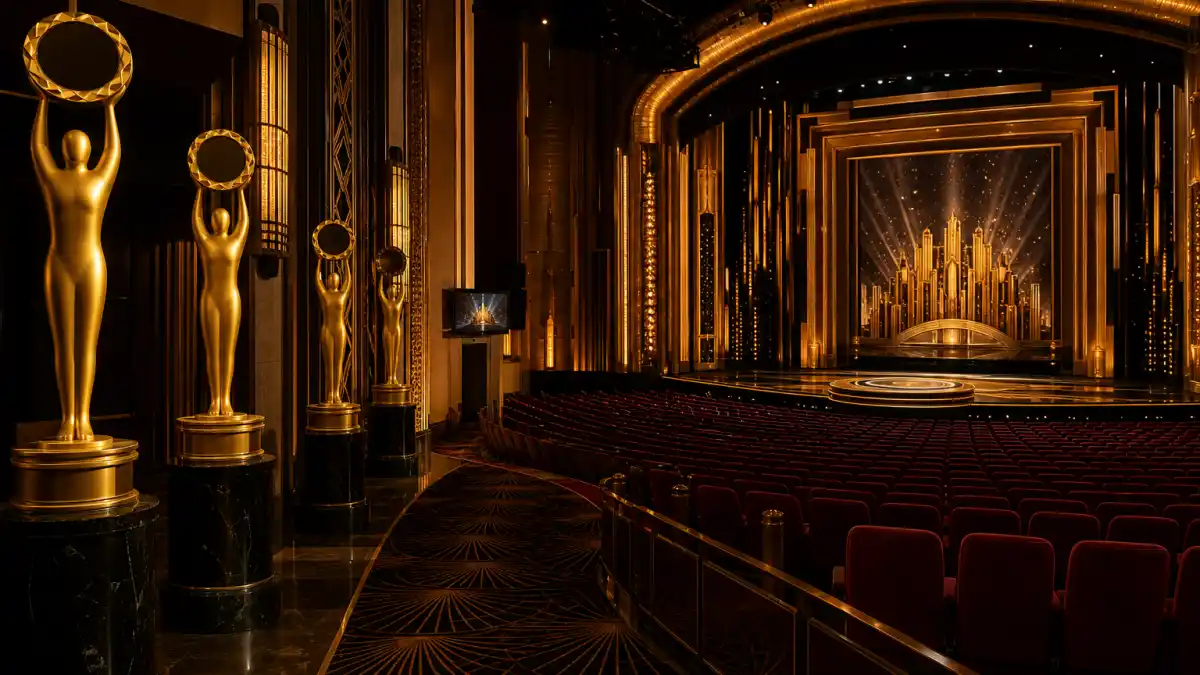 Oscar best picture winners by year complete list — golden statuette display and Art Deco awards theatre interior evoking Hollywood film history