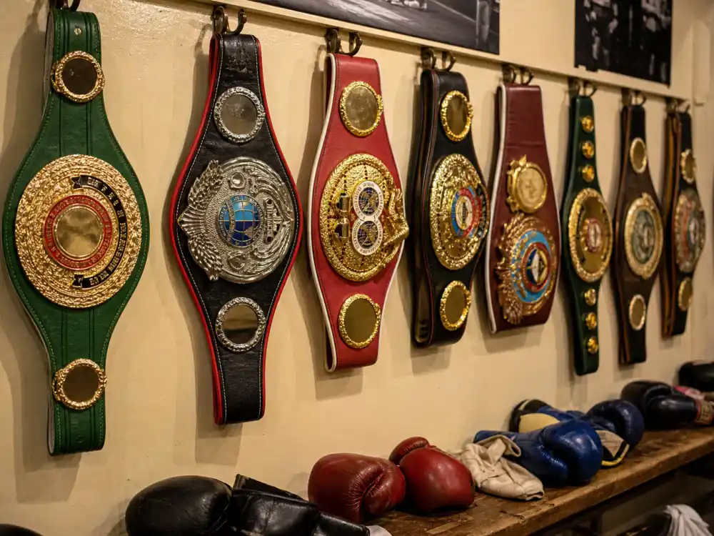Boxing championship belts on display for where is Oscar De La Hoya now ten-time world title career