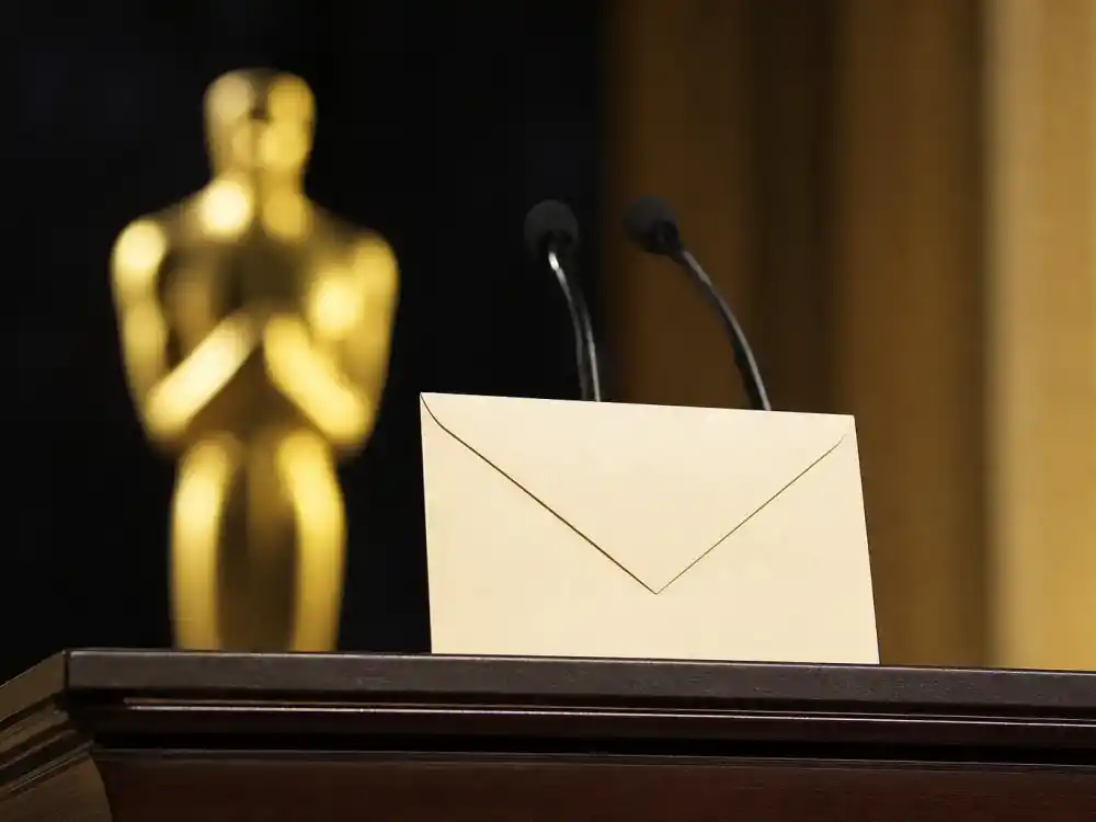 Formal nominations envelope on podium where Oscar nominations 2026 snubs and surprises were revealed January 22, 2026