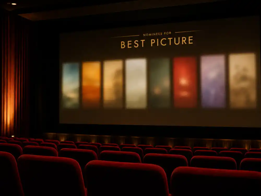 Screening room preview atmosphere for Oscar nominees 2026 Best Picture contenders