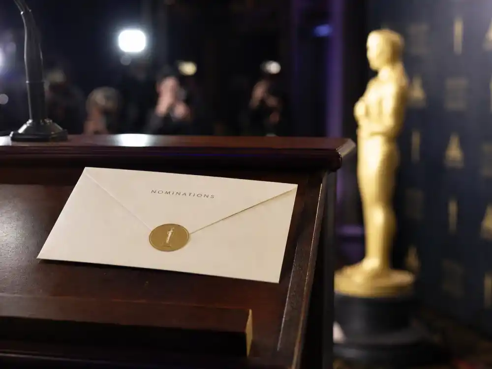 Formal nominations envelope on a podium at the Oscar nominees 2026 announcement event
