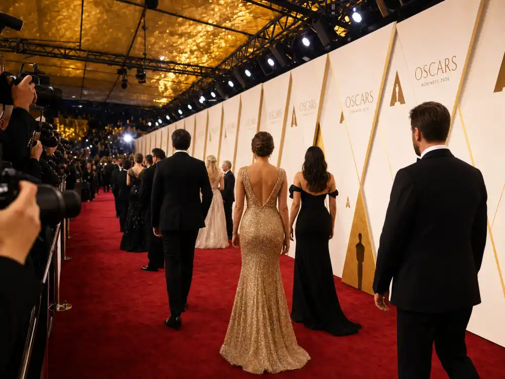 Oscar nominees 2026 red carpet with step-and-repeat press wall and formal evening arrivals