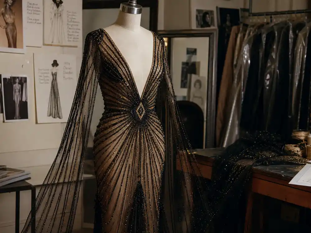 Sheer beaded Oscar evening gown evoking Cher 1974 Bob Mackie moment in Oscar red carpet best dressed all time history