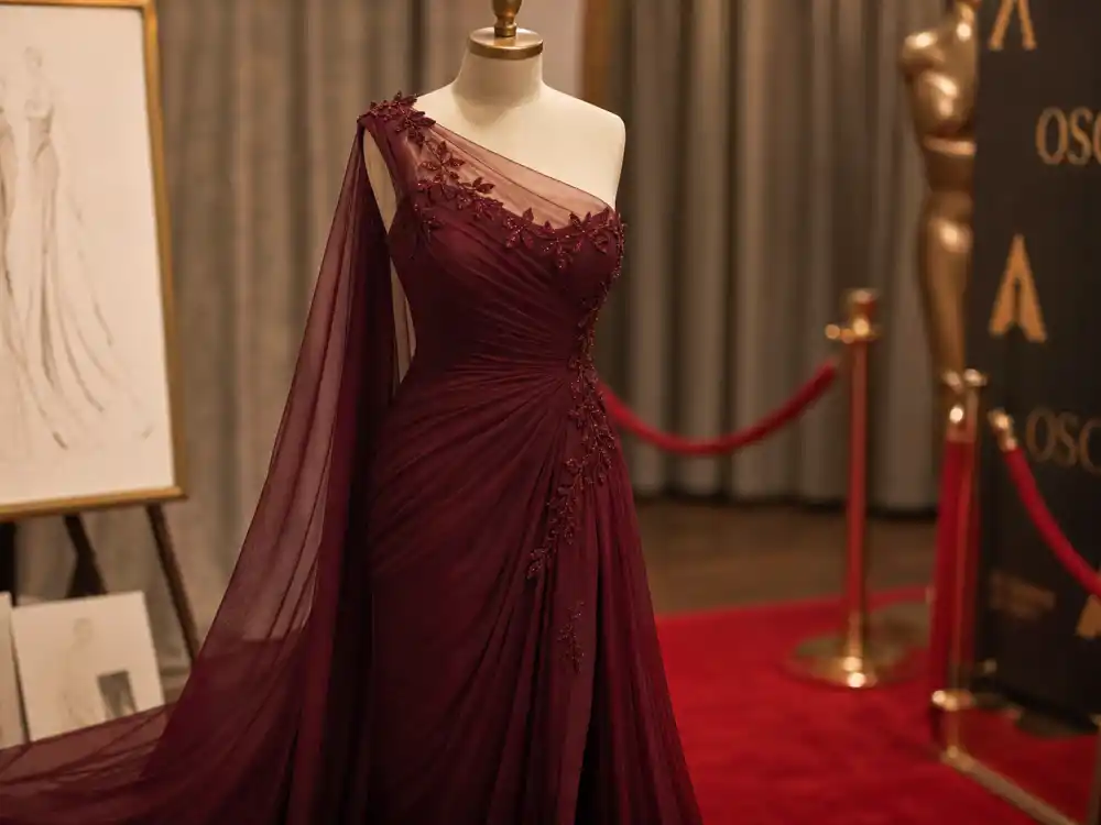 Burgundy Oscar evening gown with sheer overlay evoking Halle Berry 2002 Elie Saab win in Oscar red carpet best dressed all time list