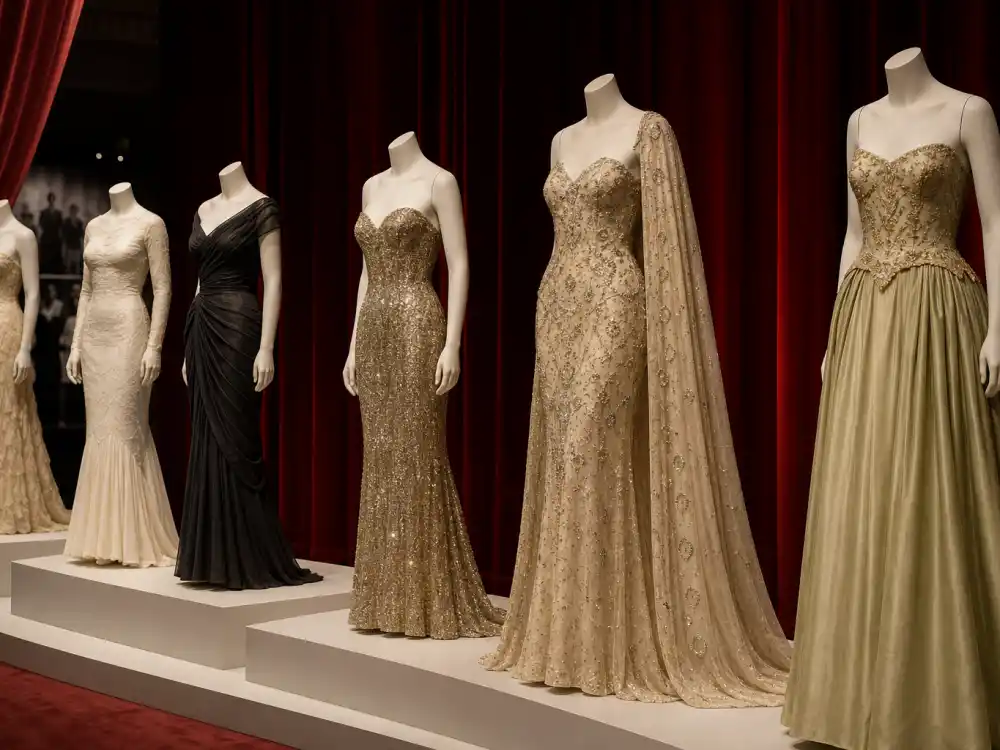 Vintage Oscar evening gowns on museum display representing decades of Oscar red carpet best dressed all time fashion history
