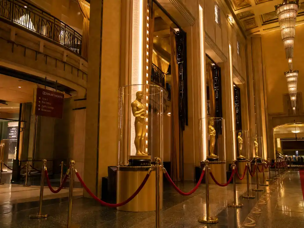 Grand theatre lobby atmosphere for the Oscar winners 2026 full list ceremony night at the 98th Academy Awards