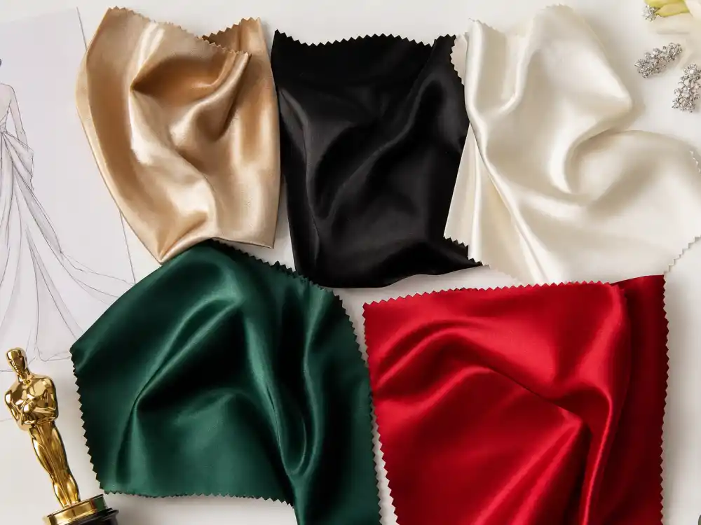 Champagne gold classic black cherry red emerald and ivory silk fabric swatches flat lay illustrating 2026 color palette trends in Oscars celebrity fashion 2026 red carpet dressing