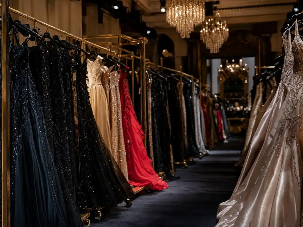 Haute couture Oscar evening gowns on rolling racks in designer showroom aisle view showing luxury construction codes behind Oscars celebrity fashion 2026