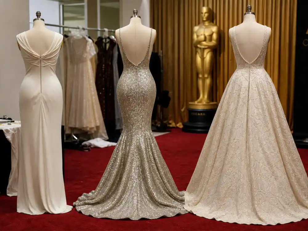 Three Oscar evening gown silhouettes on dress forms from behind showing mermaid A-line and column shapes defining Oscars celebrity fashion 2026 Academy Awards proportion codes