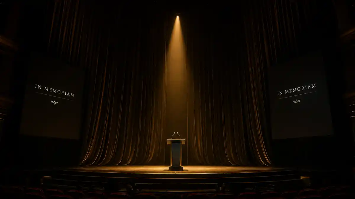Oscars In Memoriam biggest omissions — dimmed awards theatre with spotlight on empty stage during solemn tribute segment