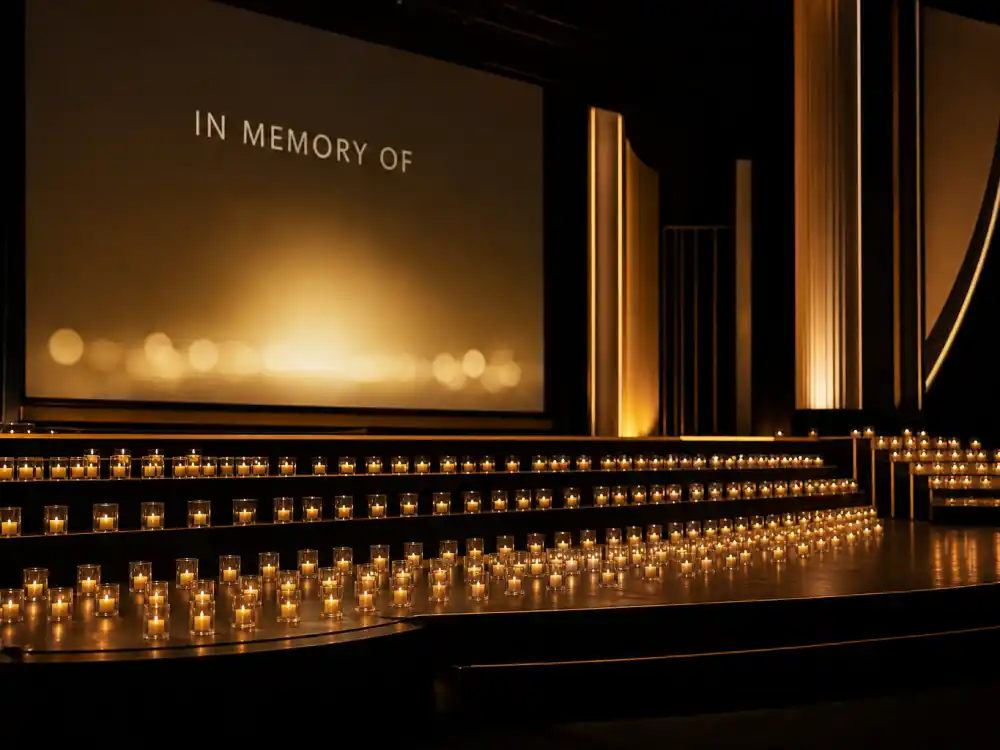 Candle-lit memorial staging on an awards theatre stage reflects the dignified tone expected before Oscars In Memoriam biggest omissions headlines erupt