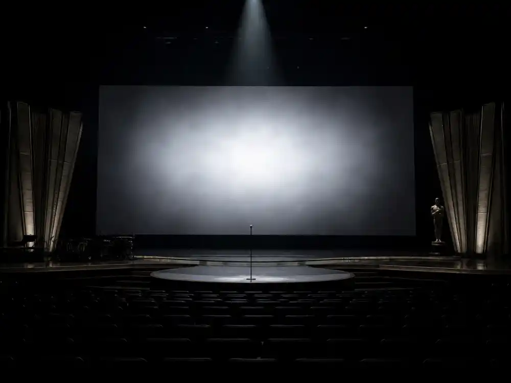 Large glowing screen over an empty stage shows how the Academy presents its montage while Oscars In Memoriam biggest omissions fuel post-show lists online