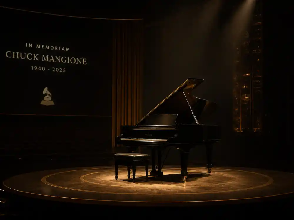 Grand piano on a dark awards stage illustrates the musical backdrop of the Oscars In Memoriam biggest omissions debate each ceremony night