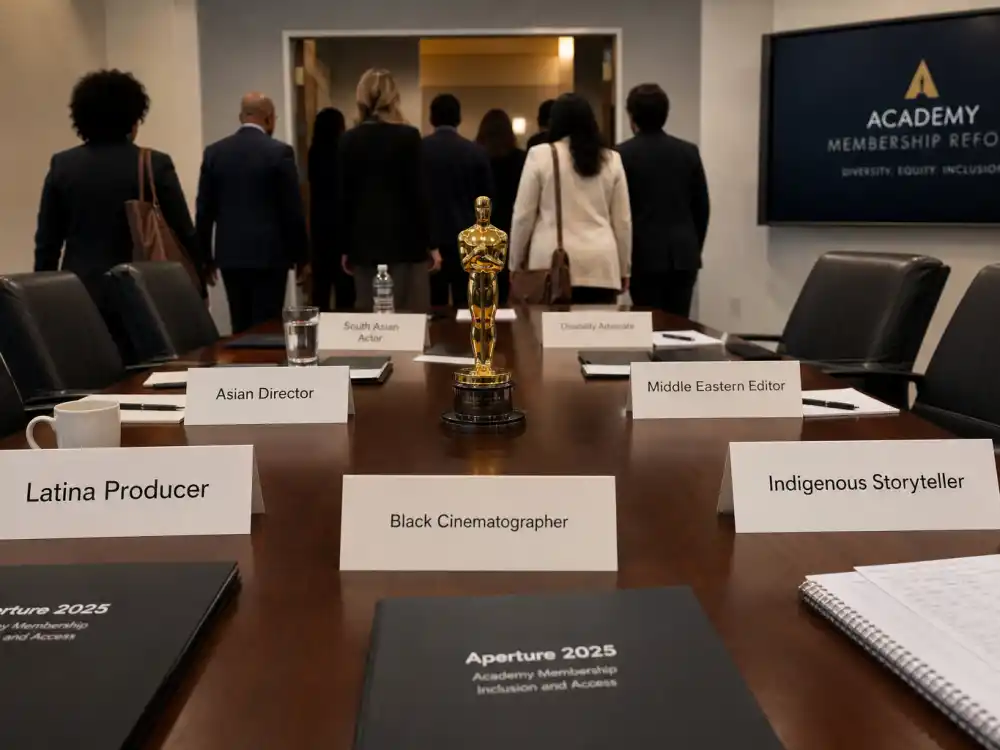 Academy membership reform conference table with Aperture documents and Oscar statuette illustrates institutional response in OscarsSoWhite controversy explained
