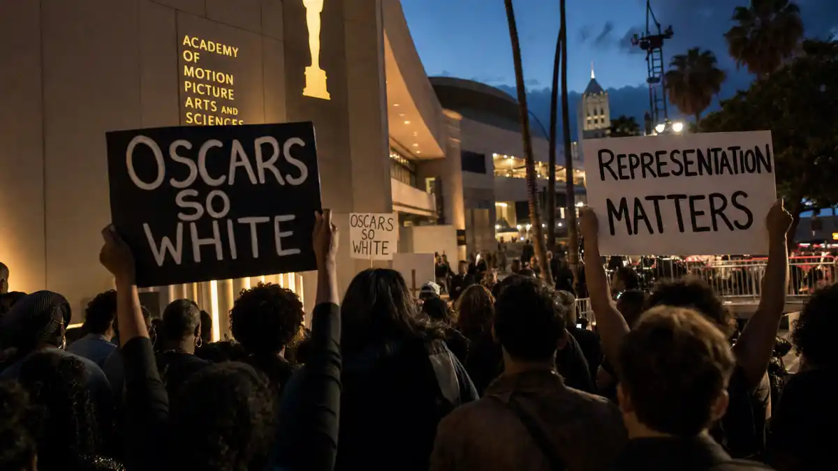 OscarsSoWhite controversy explained — diverse protesters holding Oscars So White and Representation Matters signs outside Academy of Motion Picture Arts and Sciences building at dusk