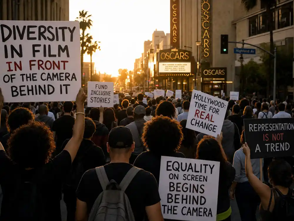 Hollywood Boulevard diversity march with anonymous protesters from behind reflects ongoing representation demands after OscarsSoWhite controversy explained