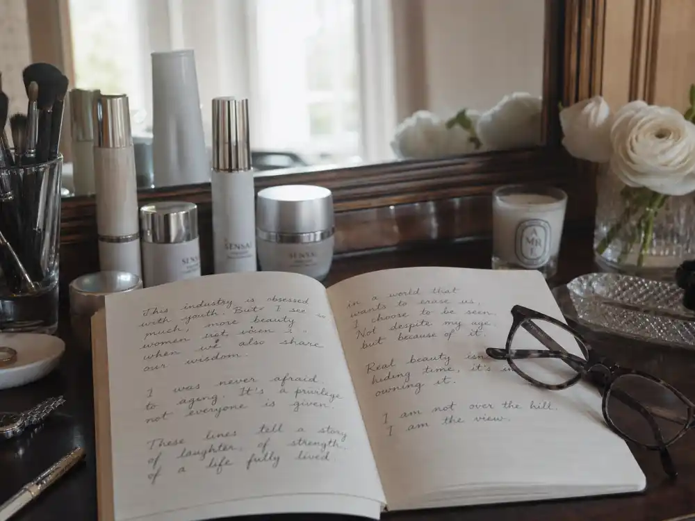 Vanity table with journal and skincare for where is Paulina Porizkova now ageism advocacy and honest aging