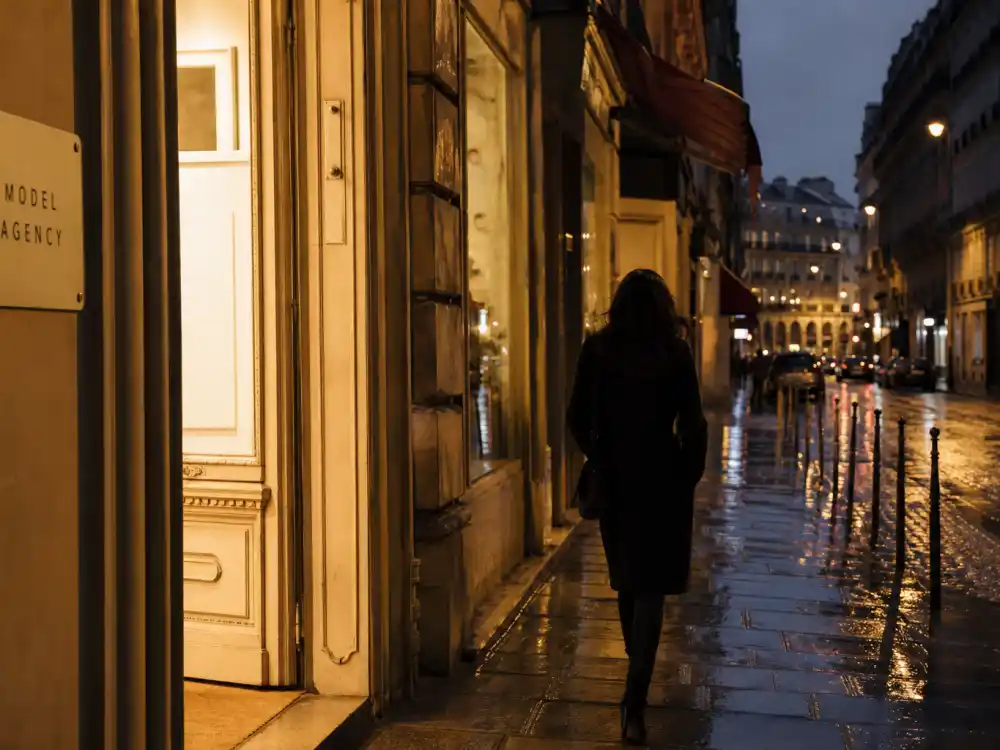 Paris fashion district street at dusk for where is Paulina Porizkova now Czech model discovery story