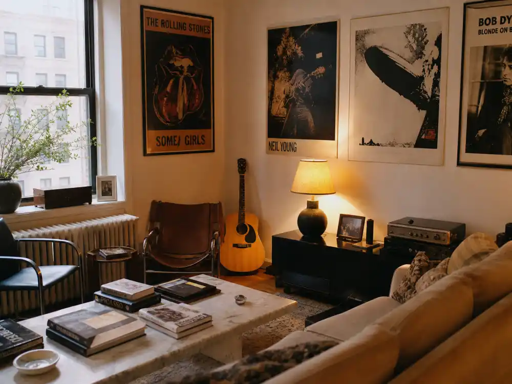 Vintage New York apartment with rock posters for Paulina Porizkova Ric Ocasek marriage and NYC life era