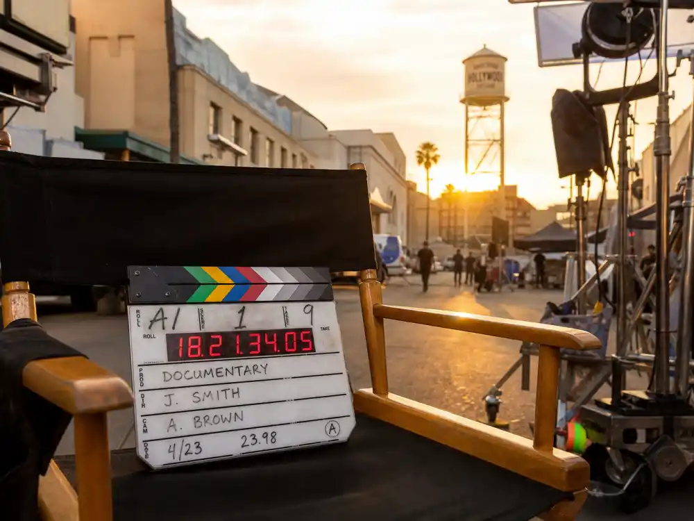 Documentary film set with clapperboard for where is Pauly Shore now 2026 biopic and media projects