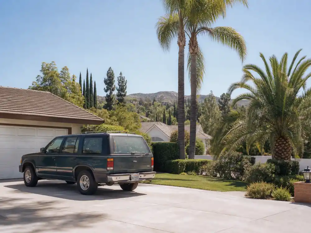 A 1990s Encino valley driveway evoking Pauly Shore Encino Man and Bio-Dome comedy film peak