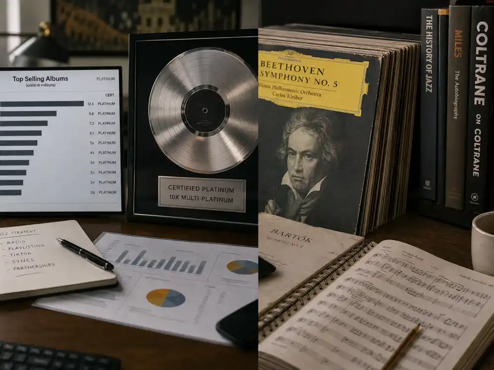 Platinum sales charts beside classical scores on executive desk capture payola and Grammy voting controversies over commercial versus artistic merit debates