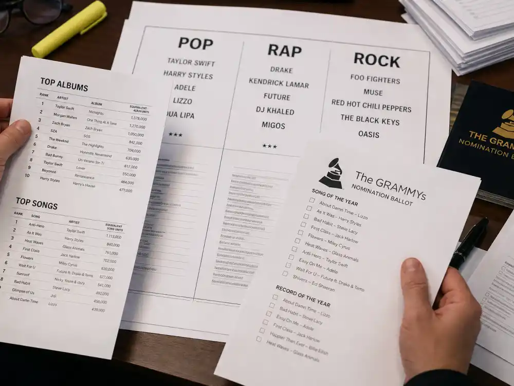 Genre category Grammy nomination papers sorted on desk show payola and Grammy voting controversies when commercial hits miss specialized fields