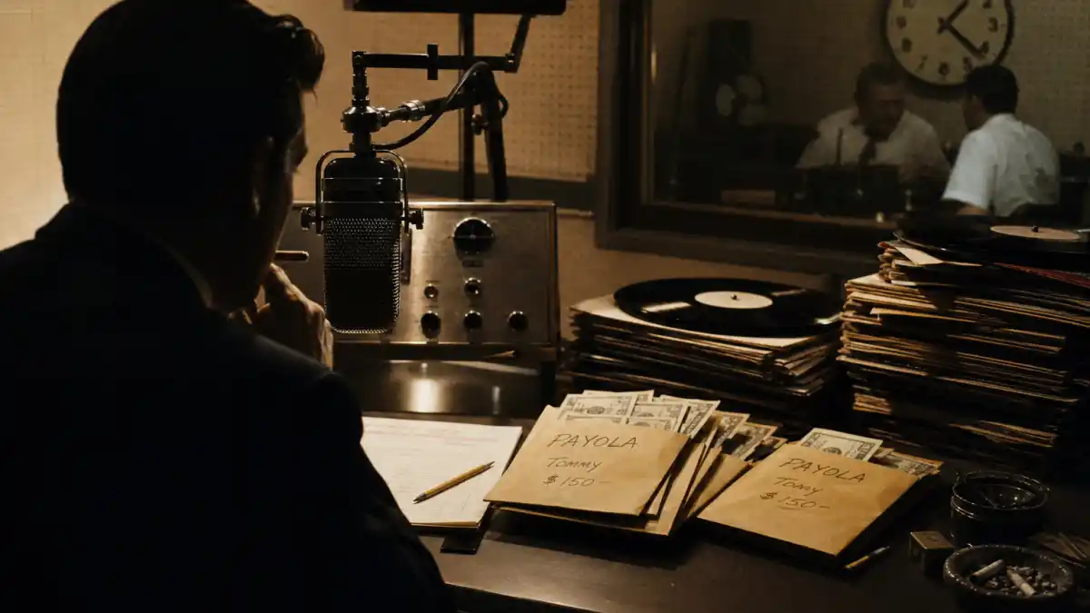 Payola and Grammy voting controversies — vintage 1950s radio studio with DJ silhouette, vinyl records and cash envelopes referencing payola history beside Grammy ballot papers