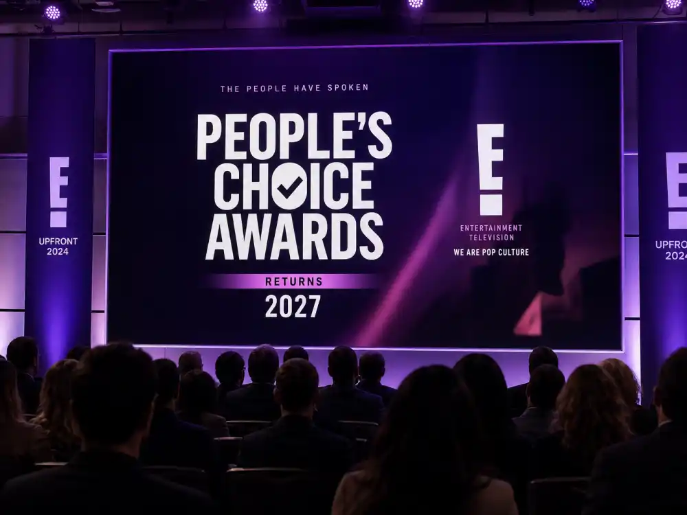 E! network upfront screen announcing Peoples Choice Awards 2026 winners remain TBD with the fan-vote show returning in 2027 on Versant