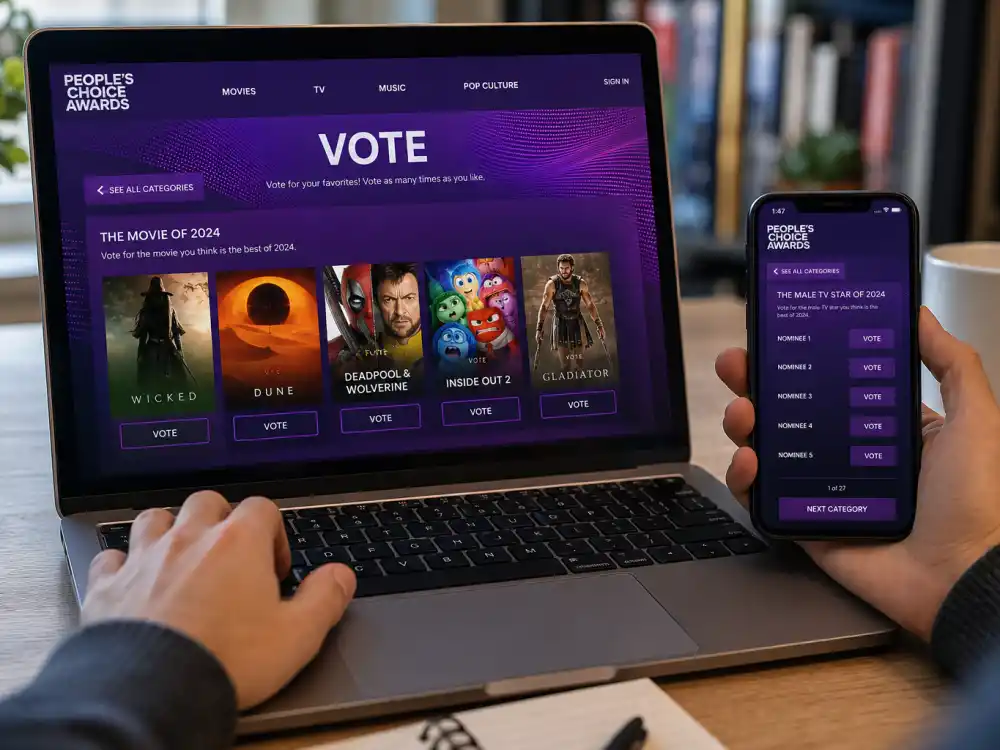Online fan voting screens for Peoples Choice Awards 2026 winners categories when votepca.com reopens ahead of the 2027 E! ceremony