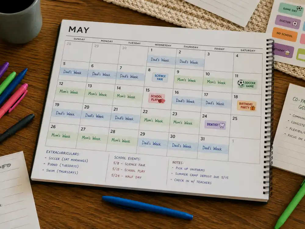 Blended family calendar spread for Pete Davidson Kim Kardashian co-parenting North custody week planning editorial without identifiable faces