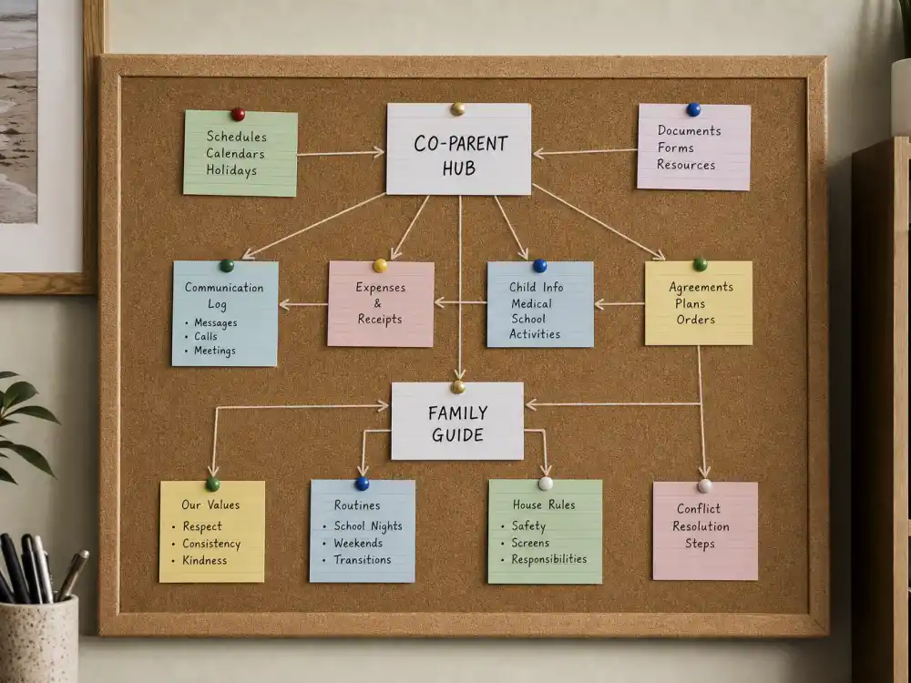Cluster navigation cork board for Pete Davidson Kim Kardashian co-parenting North cross-link to co-parent hub 27314 Kim guide 25656