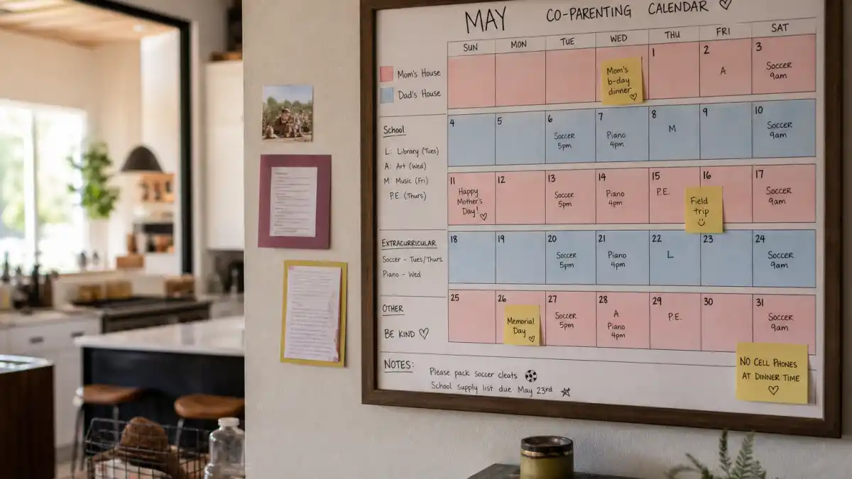 Pete Davidson Kim Kardashian co-parenting North — blended family co-parent calendar with color-coded custody weeks and school schedules without identifiable faces