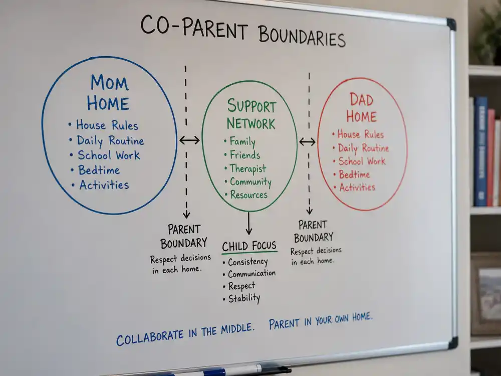 Pete Davidson step-in role boundary diagram for Pete Davidson Kim Kardashian co-parenting North support network editorial without identifiable faces