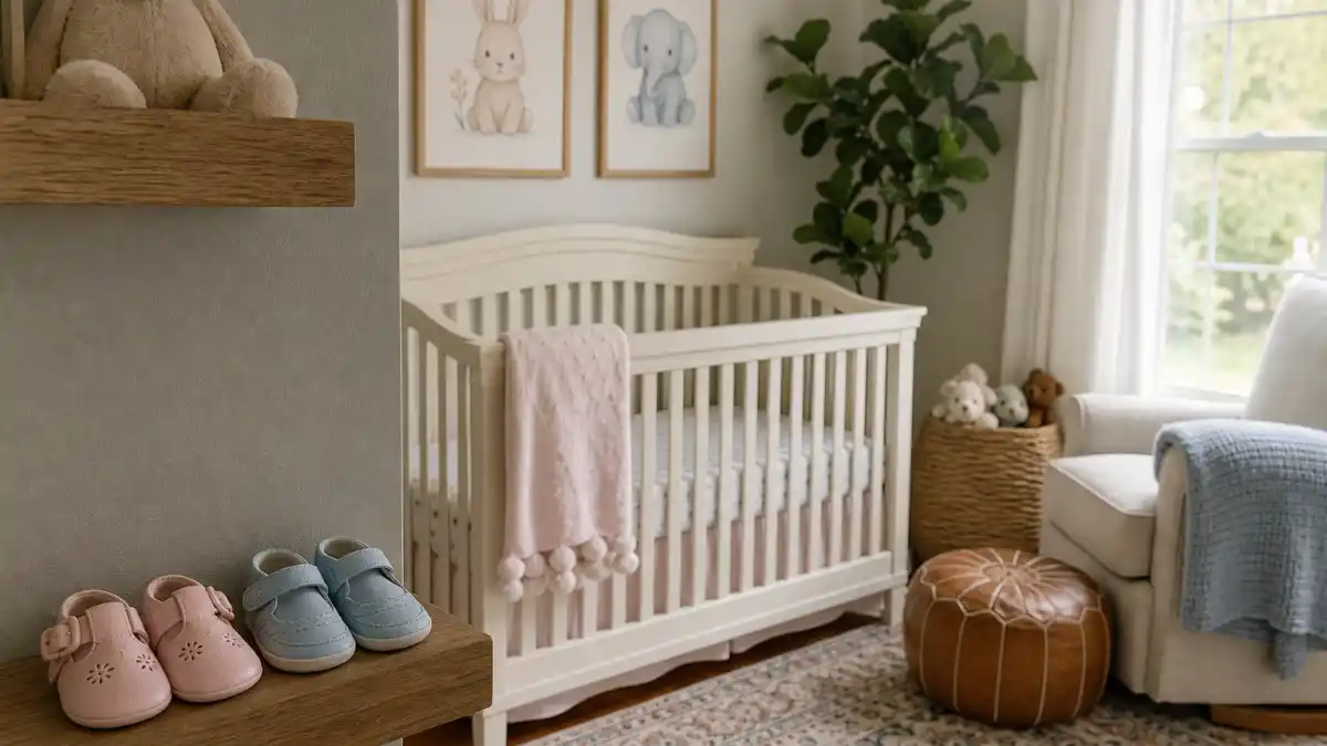 Pink pregnancy announcement 2025 fact-check — nursery crib with two pairs of baby shoes symbolizing Willow and Jameson only per People
